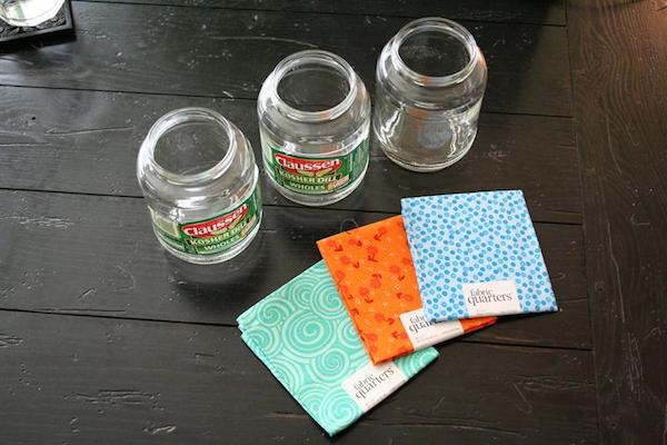 Glass pickle jars and fabric fat quarters