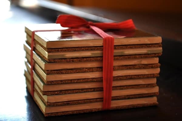 Stack of photo coasters tied with ribbon