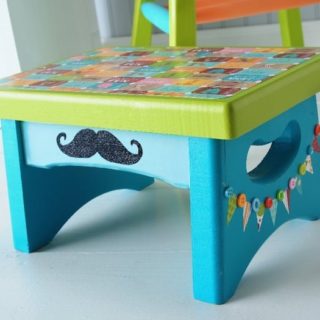 If you're looking for circus themed crafts, this decoupage stool fits the bill. I added pennants and then glitter to really make it special.