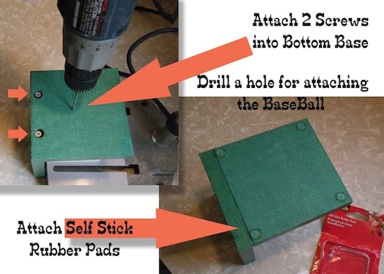 Drilling a hole into the bottom of the bookend to attach a baseball
