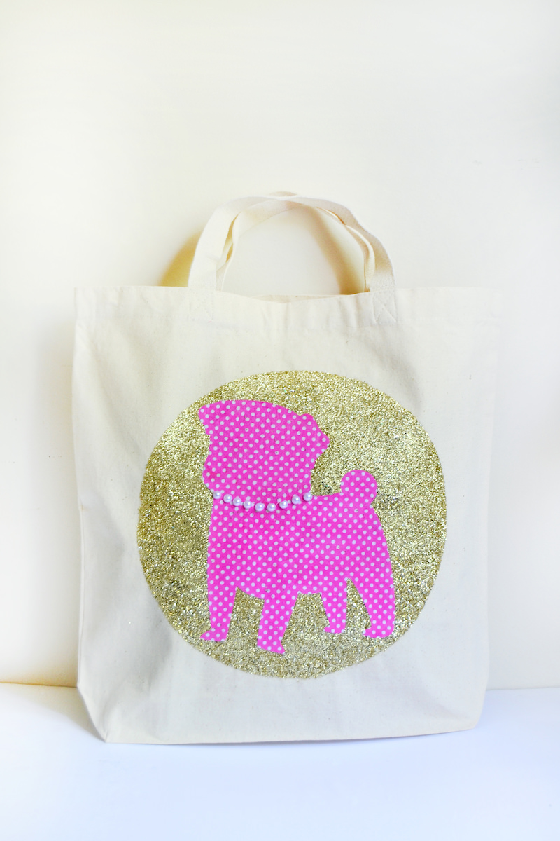 decorating tote bags with glitter and a pug applique