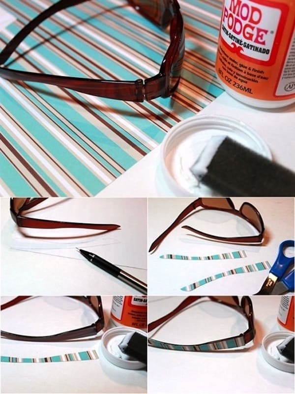 Mod Podging paper to the sides of sunglasses