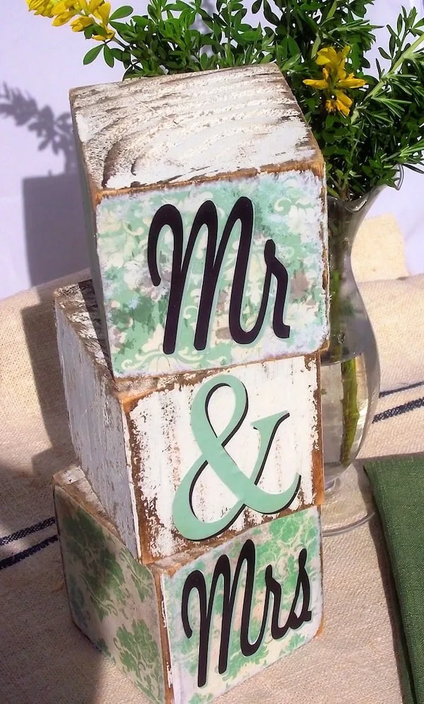 These Mr and Mrs blocks are very easy wedding decor - they make great centerpieces or even table numbers, and you can personalize to match your palette.