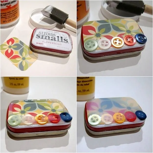 Adding scrapbook paper to the top of a container and then Dimensional Magic and buttons