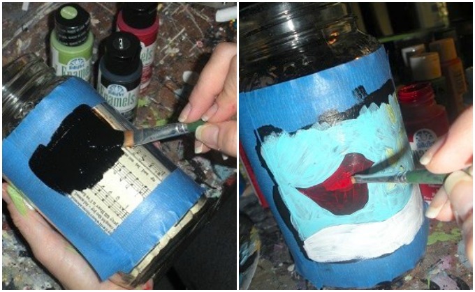 Painting a black background on a mason jar then paint a bird on top