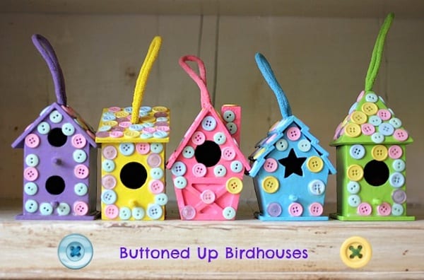 Birdhouse Craft for Kids with Colorful Buttons
