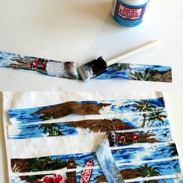 Painting strips of fabric with Fabric Mod Podge and attaching them to a canvas tote