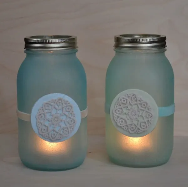DIY beach glass lanterns at night