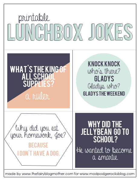 Children absolutely love finding lunch box jokes when they open their brown bag! Get a free printable sheet of four here. 