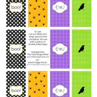 Personalize your mini chocolate bars with these printable Halloween candy bar wrappers! Get a sheet of four different designs for free.