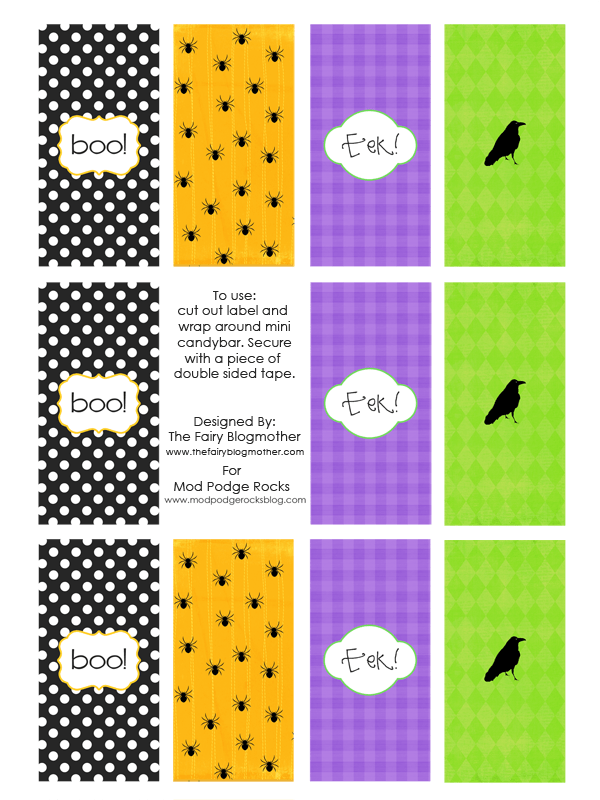 Personalize your mini chocolate bars with these printable Halloween candy bar wrappers! Get a sheet of four different designs for free.