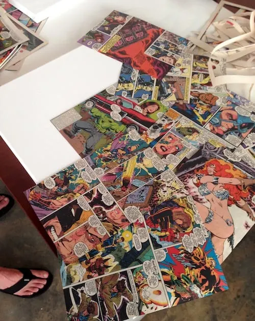 Comic book pages Mod Podged to canvas