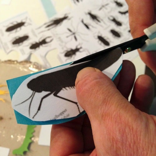 Cutting out insect clip art with blue paper using scissors