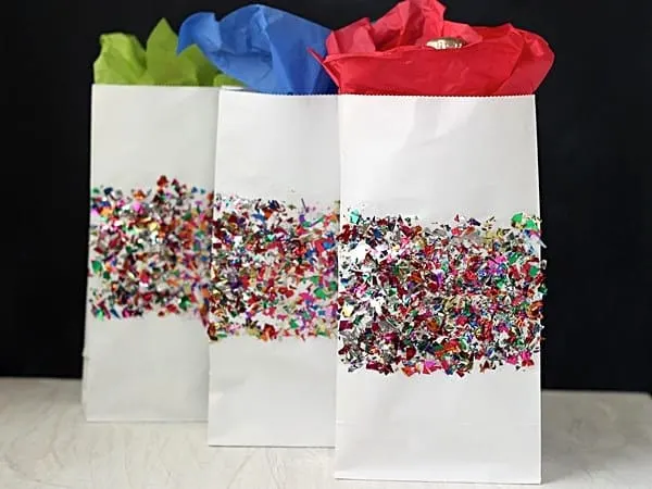 DIY Christmas gift bags with metallic confetti