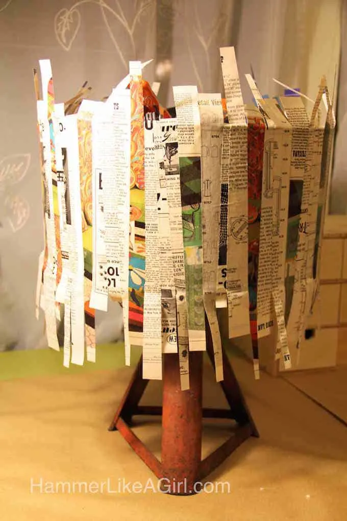 Decoupage lampshade with untrimmed paper pieces