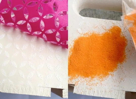 Sprinkling orange sand onto wet Mod Podge