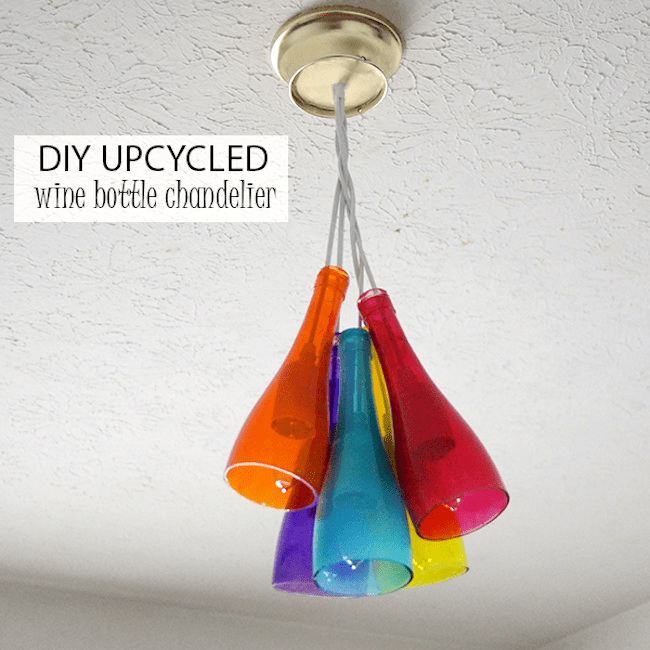 Use cut wine bottles and Mod Podge Sheer Colors to make this beautiful and unique wine bottle chandelier. Customize with your own colors!