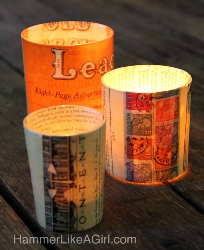 decoupage candle holders using old glasses and book pages