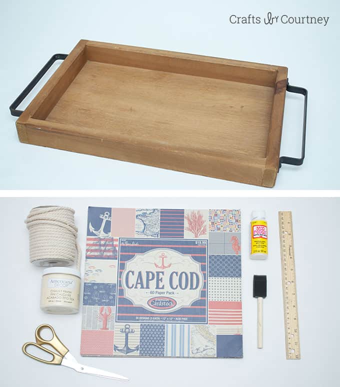 Wooden tray, scrapbook paper, Mod Podge, ruler, rope, chalk paint, scissors, and foam brush