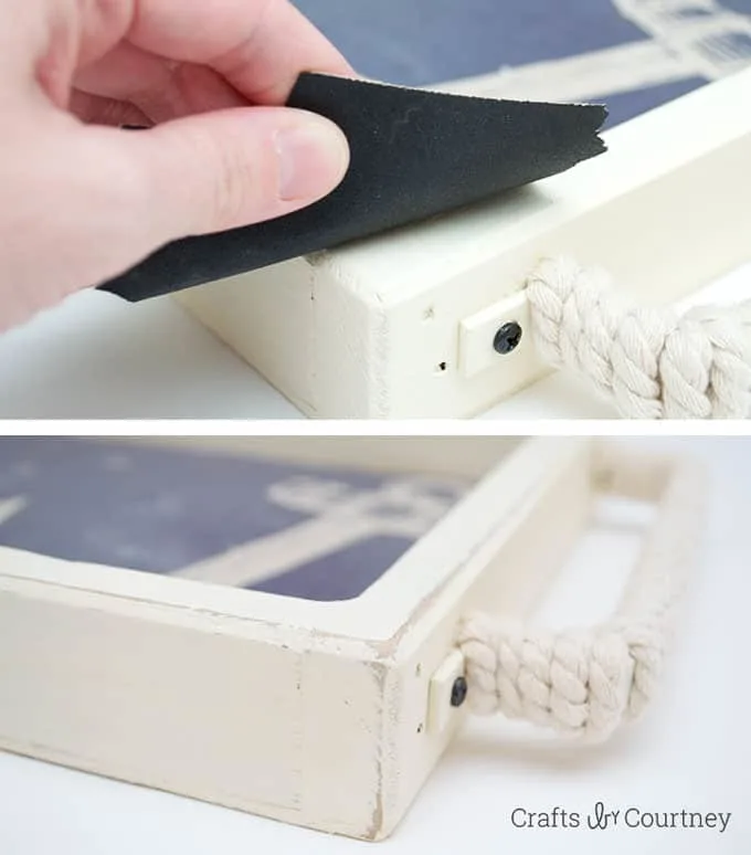 Distressing white chalk paint with sandpaper