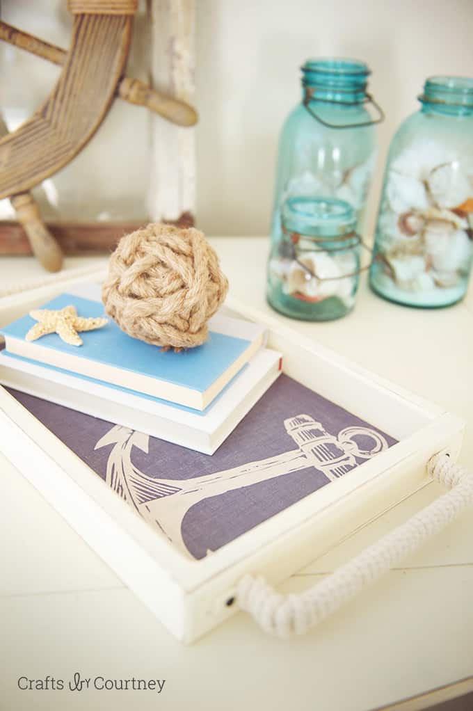 Mod Podge wooden tray with scrapbook paper and a nautical theme