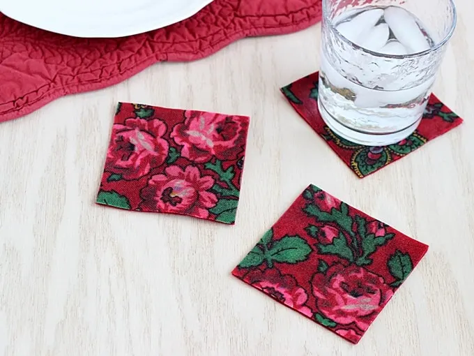 Learn how to make simple DIY coasters with vintage fabric and decoupage medium. These are so easy and make a great gift!