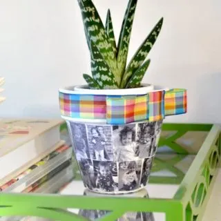 This Mod Podge DIY flower pot is a great Mother's Day gift for moms and grandparents alike - and would also make a great table centerpiece!