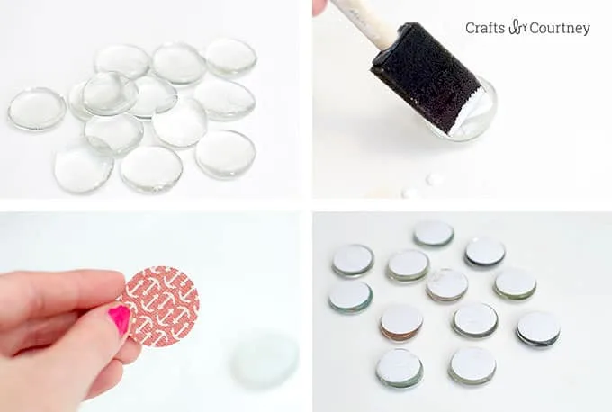 Painting Mod Podge on the back of clear glass marbles with a foam brush