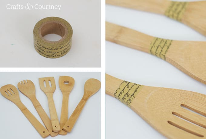 Taping off wooden spoons with washi tape