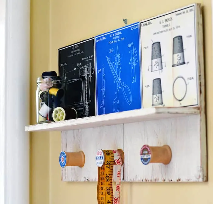 DIY vintage sewing room shelf