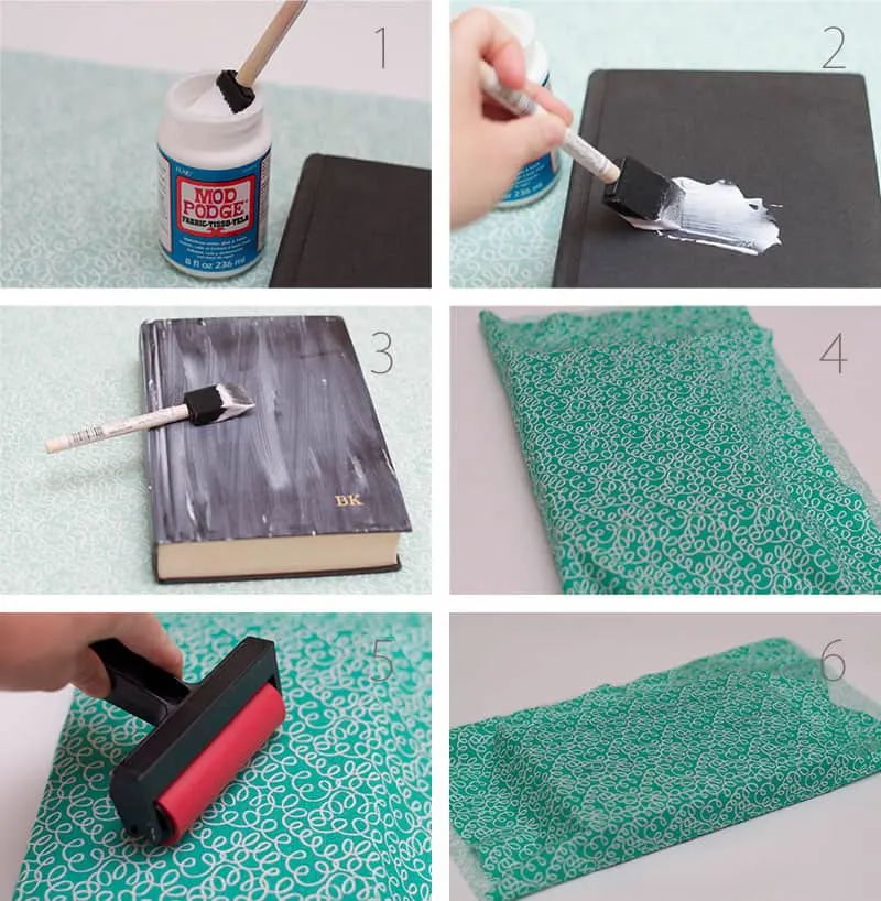 Adding Mod Podge to a book cover and then smoothing the fabric on top