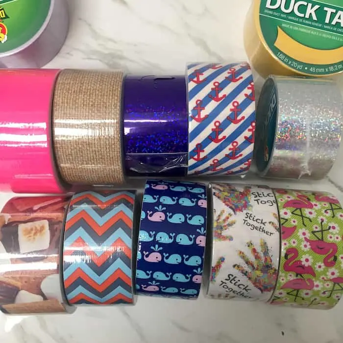 Ten rolls of Duck Tape in various patterns lined up together