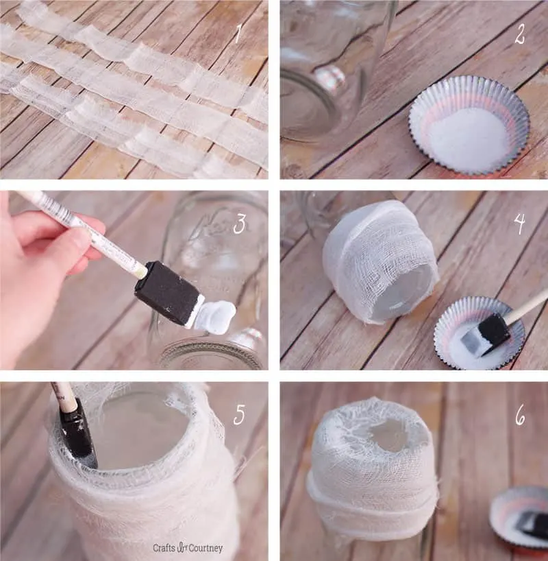 Wrapping cheesecloth to create mummy mason jars