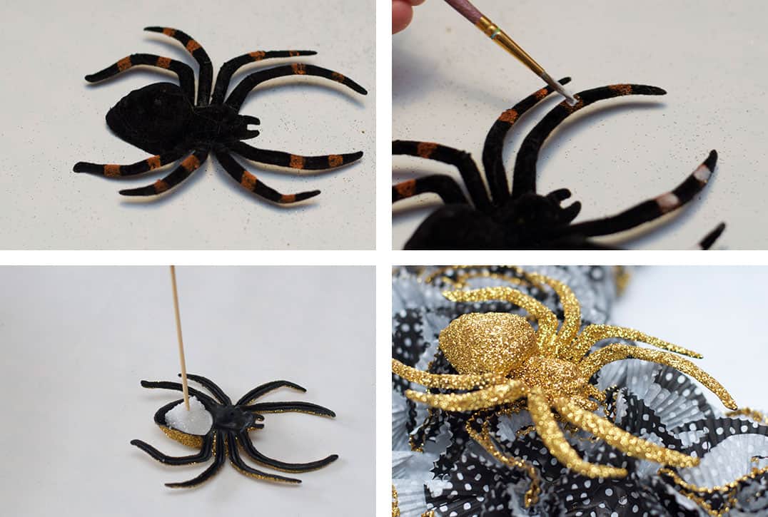 Adding glitter to a plastic spider with Mod Podge