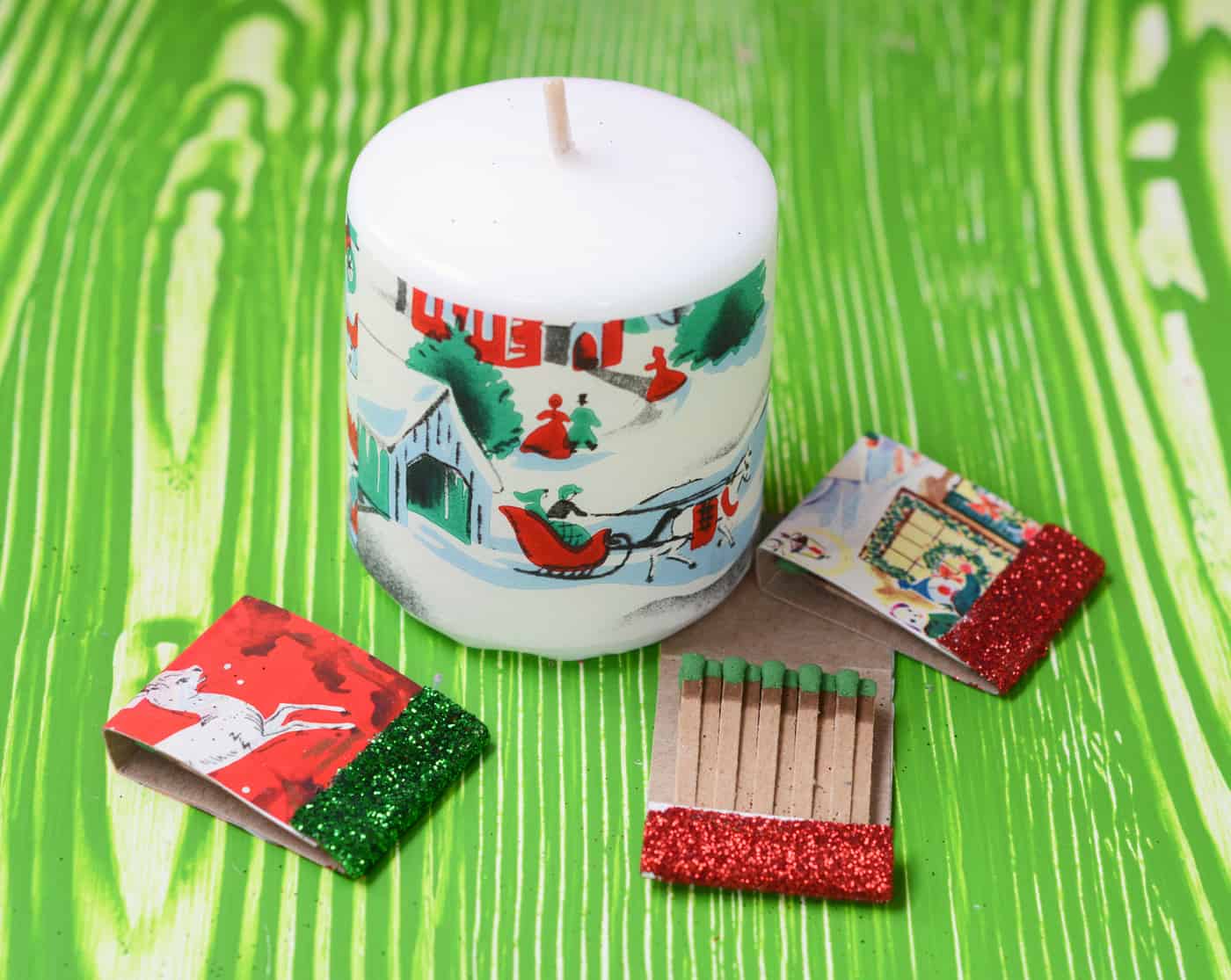 Use vintage Christmas wrapping paper and Mod Podge to decoupage pretty holiday candles and little matchbooks. These are so easy to make!