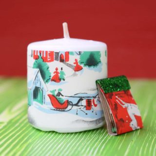 Use vintage Christmas wrapping paper and Mod Podge to decoupage pretty holiday candles and little matchbooks. These are so easy to make!