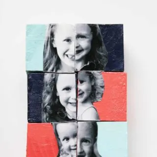 Paint these DIY photo blocks any color to fit in with your child's room or nursery and display on a shelf! They also make great personalized gifts.
