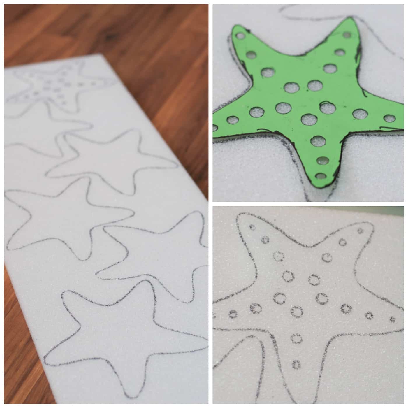 Tracing a starfish shape onto craft foam using a pen
