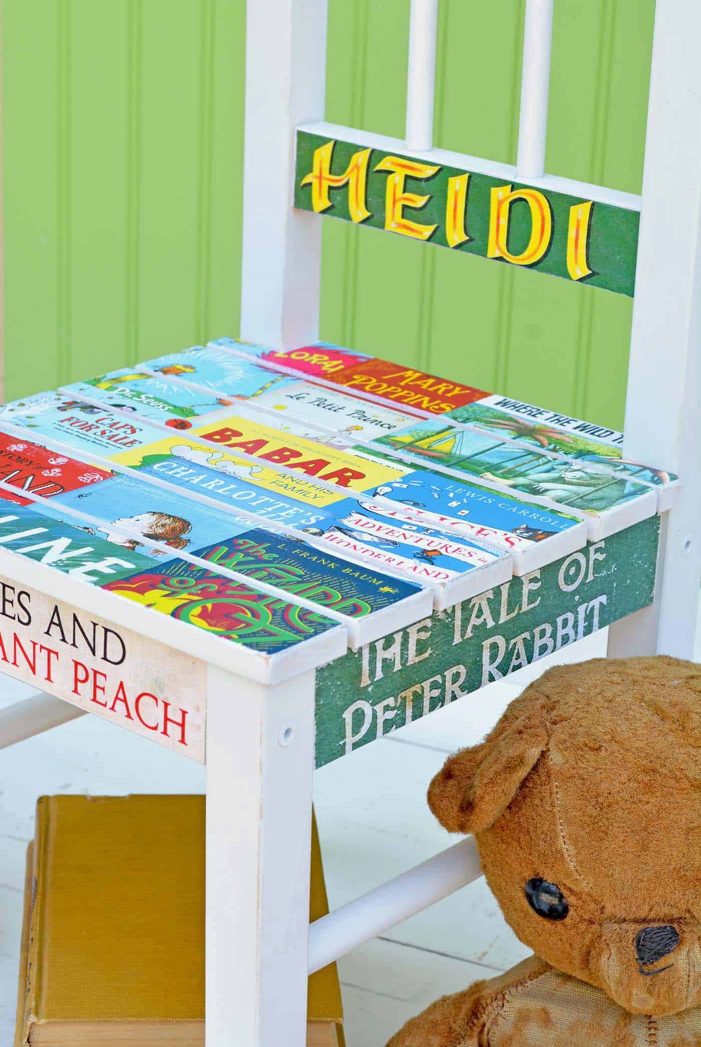 This DIY chair makeover is perfect for the child (or adult) that loves reading! Use images of book covers and decoupage medium to make this fun project.