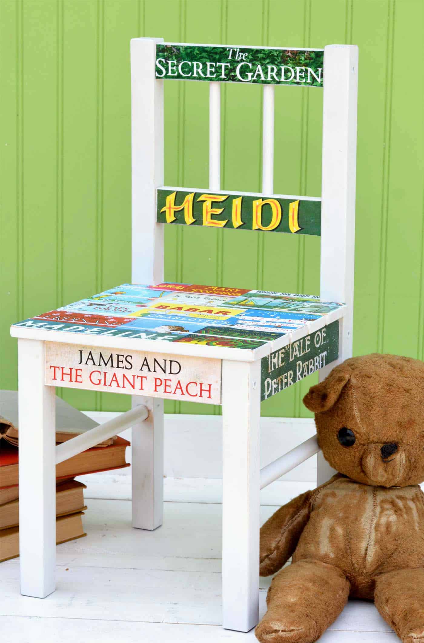 This DIY chair makeover is perfect for the child (or adult) that loves reading! Use images of book covers and decoupage medium to make this fun project.