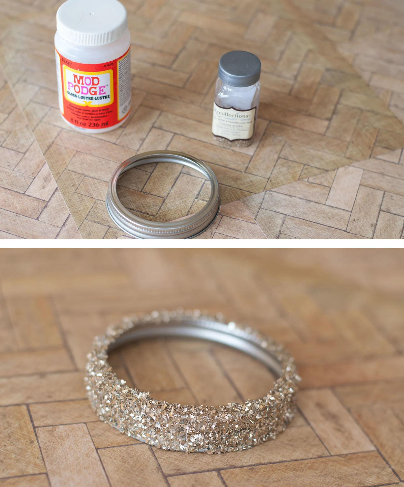 Mod Podge, a metal lid, and gold glitter