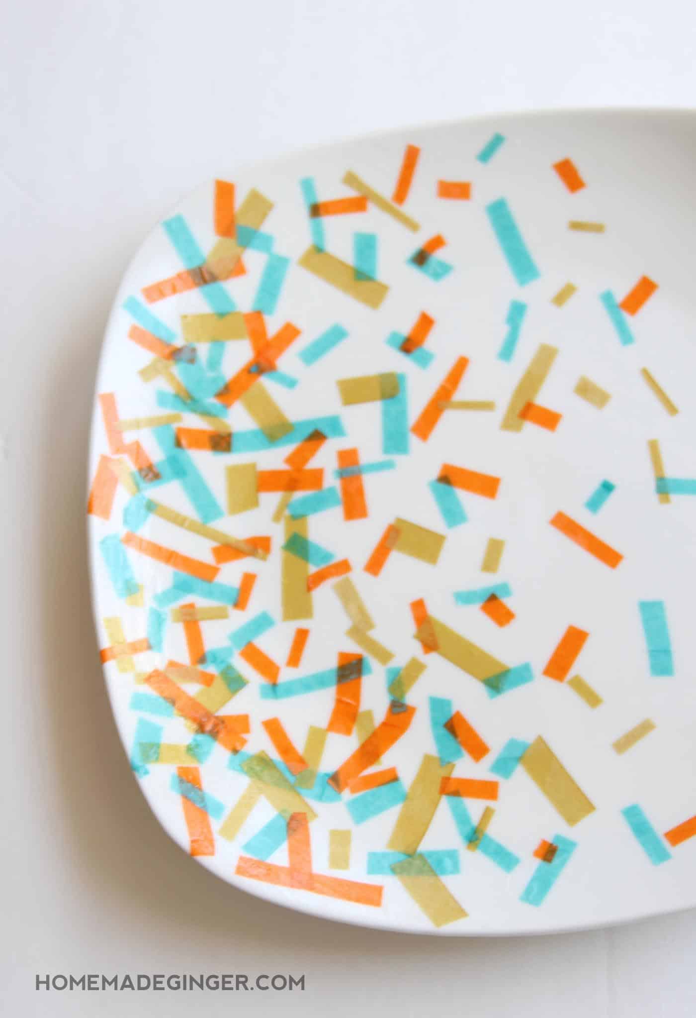 DIY confetti plate made with tissue paper and Mod Podge