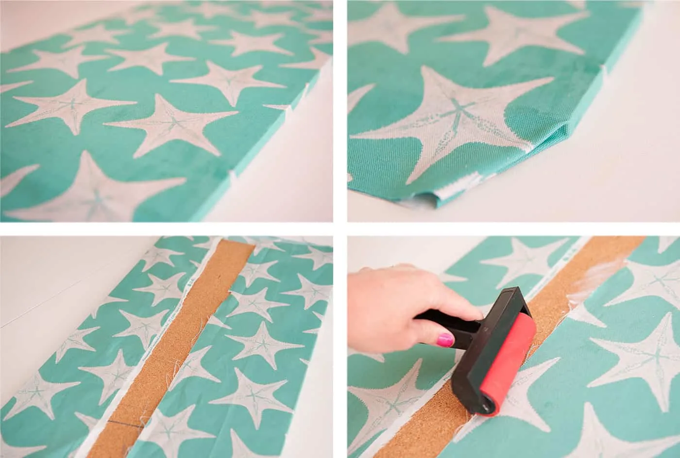 Wrapping the fabric around the corkboard and smoothing down with a brayer