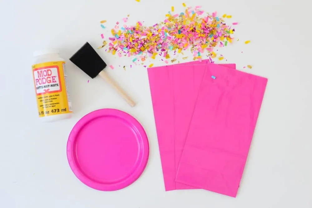 Mod Podge Matte, pink plate, pink favor bags, foam brush, confetti
