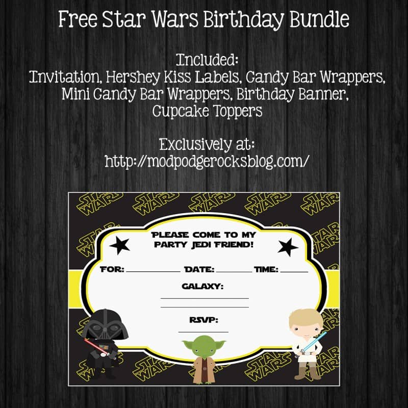 Get a FREE Star Wars birthday printable pack! This includes invitations, wrappers, banner, and more - twelve pages of fun. May the party be with you!