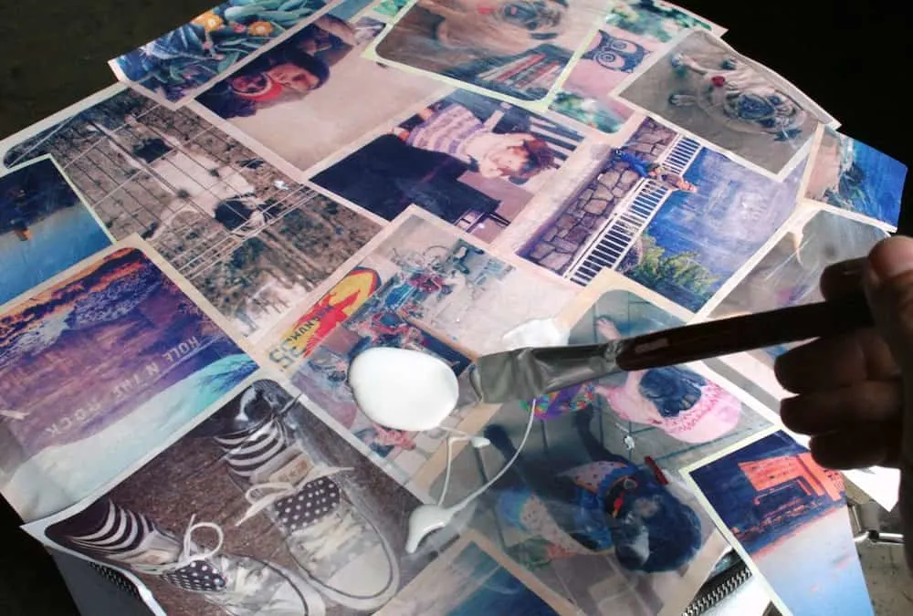 Apply Mod Podge on the photos on a vintage suitcase