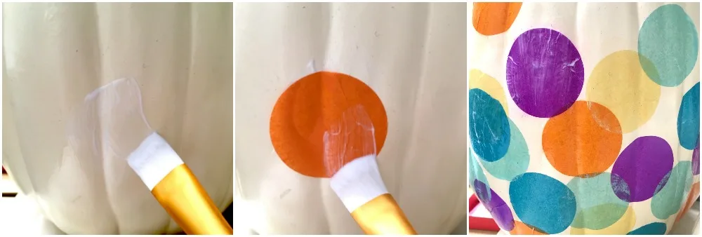 Adding tissue paper circles to a faux pumpkin using Mod Podge