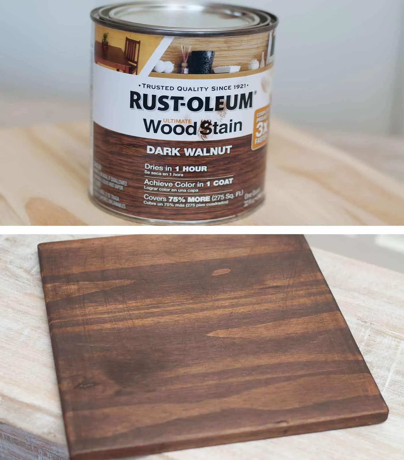 can of Rust-oleum wood stain in dark walnut and a stained piece of wood