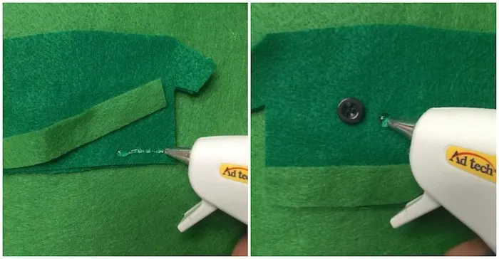 Attaching small black buttons and light green felt trim to the elf shirt with hot glue