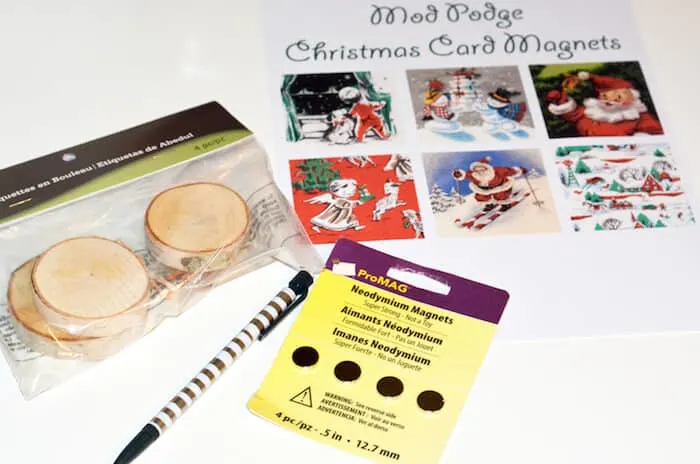 Wood slices, vintage Christmas printable, magnets, and a mechanical pencil